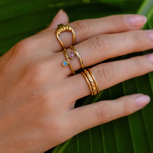 Emma & Chloe Divya Rings- 2 Gold Rings with Dangling Gems Trendy French NEW NWT - Picture 7 of 12